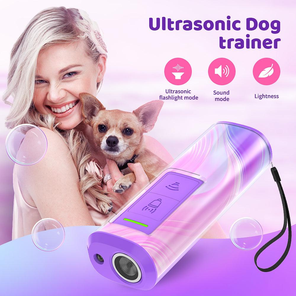 Ultrasonic dog trainer and repeller device with flashlight, compact and rechargeable for anti-bark and bite protection