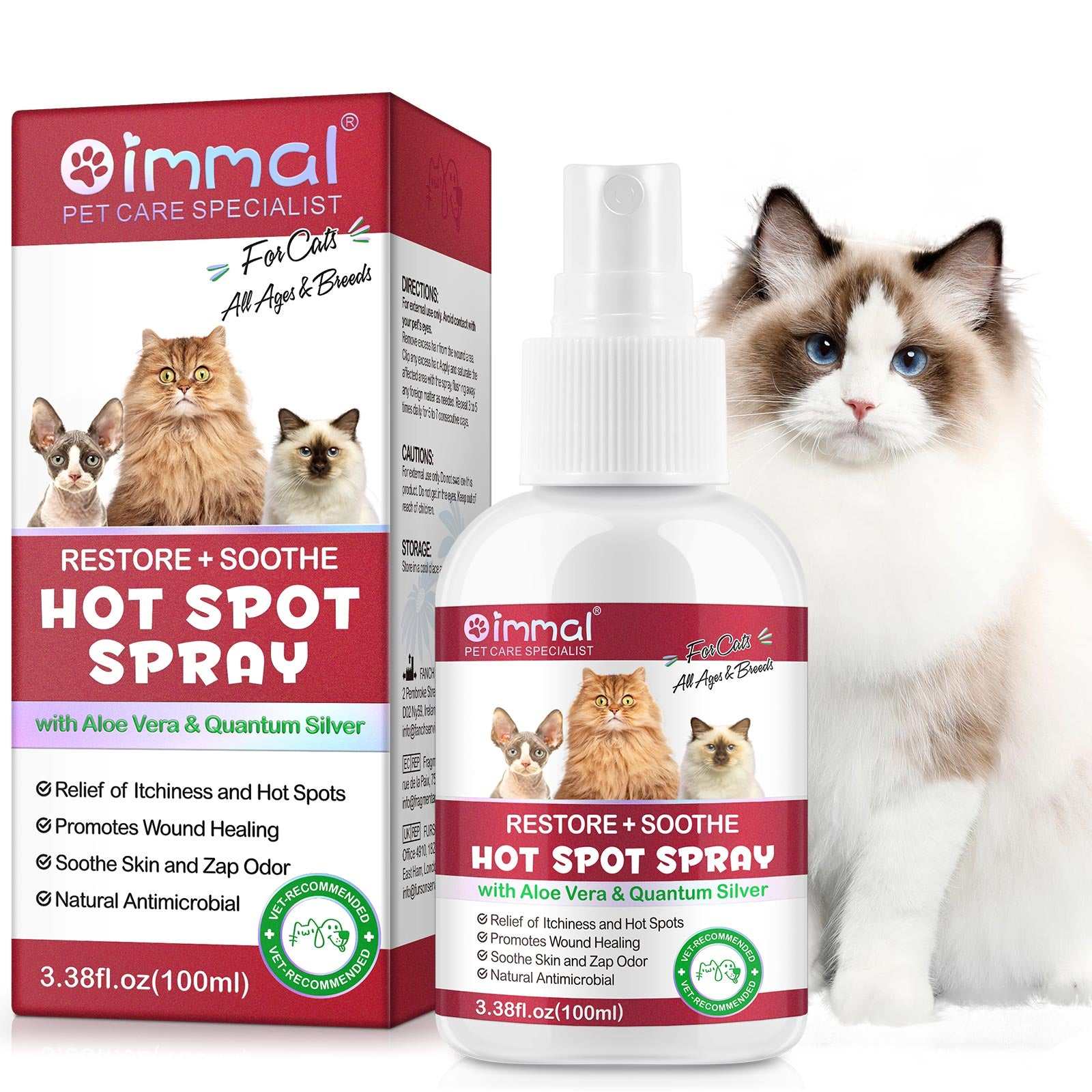 Oimmal Hot Spot Relief Spray for cats with Aloe Vera and Quantum Silver, soothing itchy skin and hot spots.