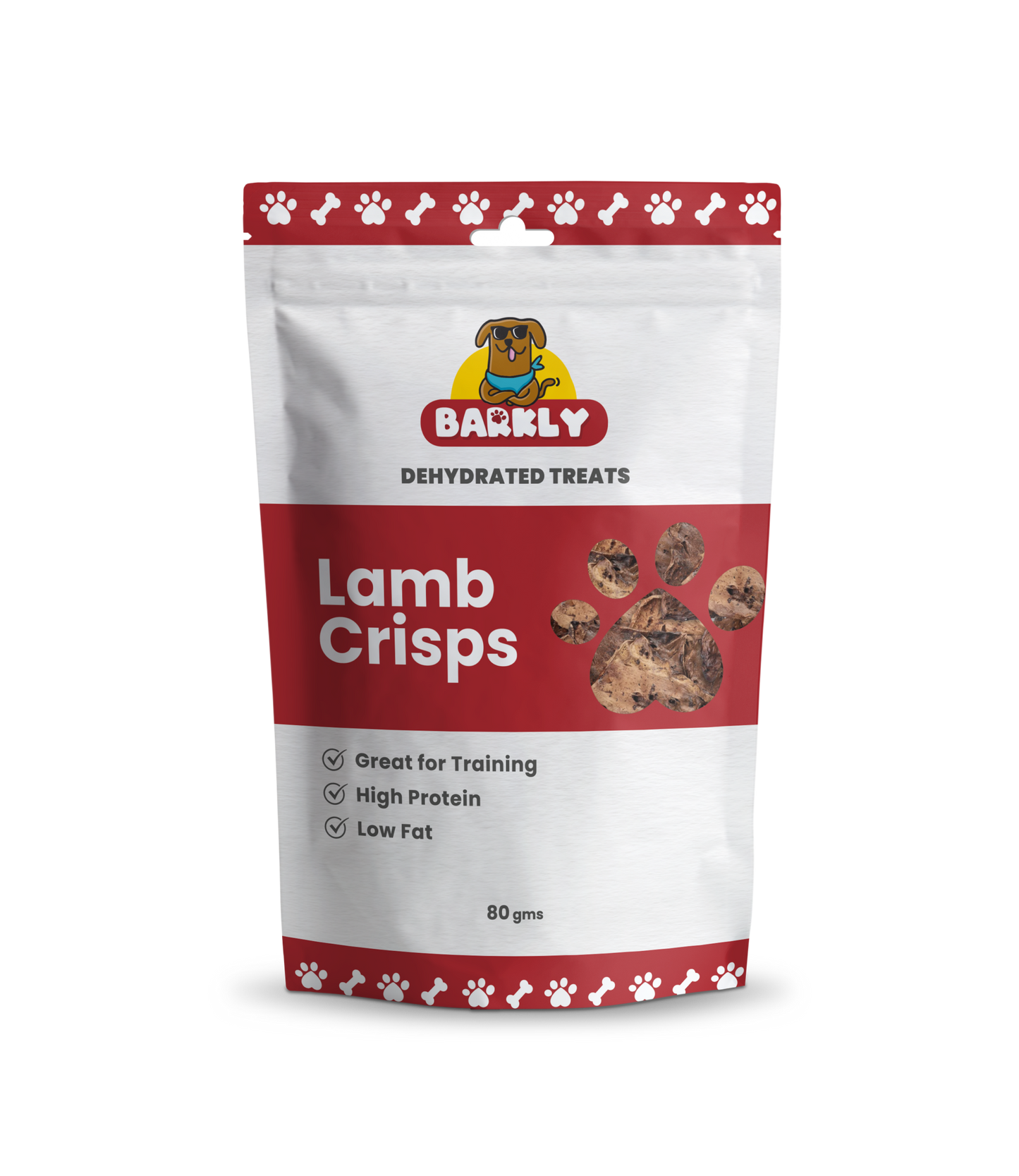 Lamb Crisp dog treats in red and white packaging, rich in protein and low in fat.