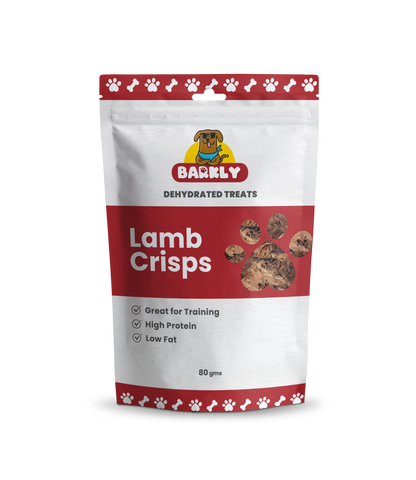 Lamb Crisp dog treats in red and white packaging, rich in protein and low in fat.