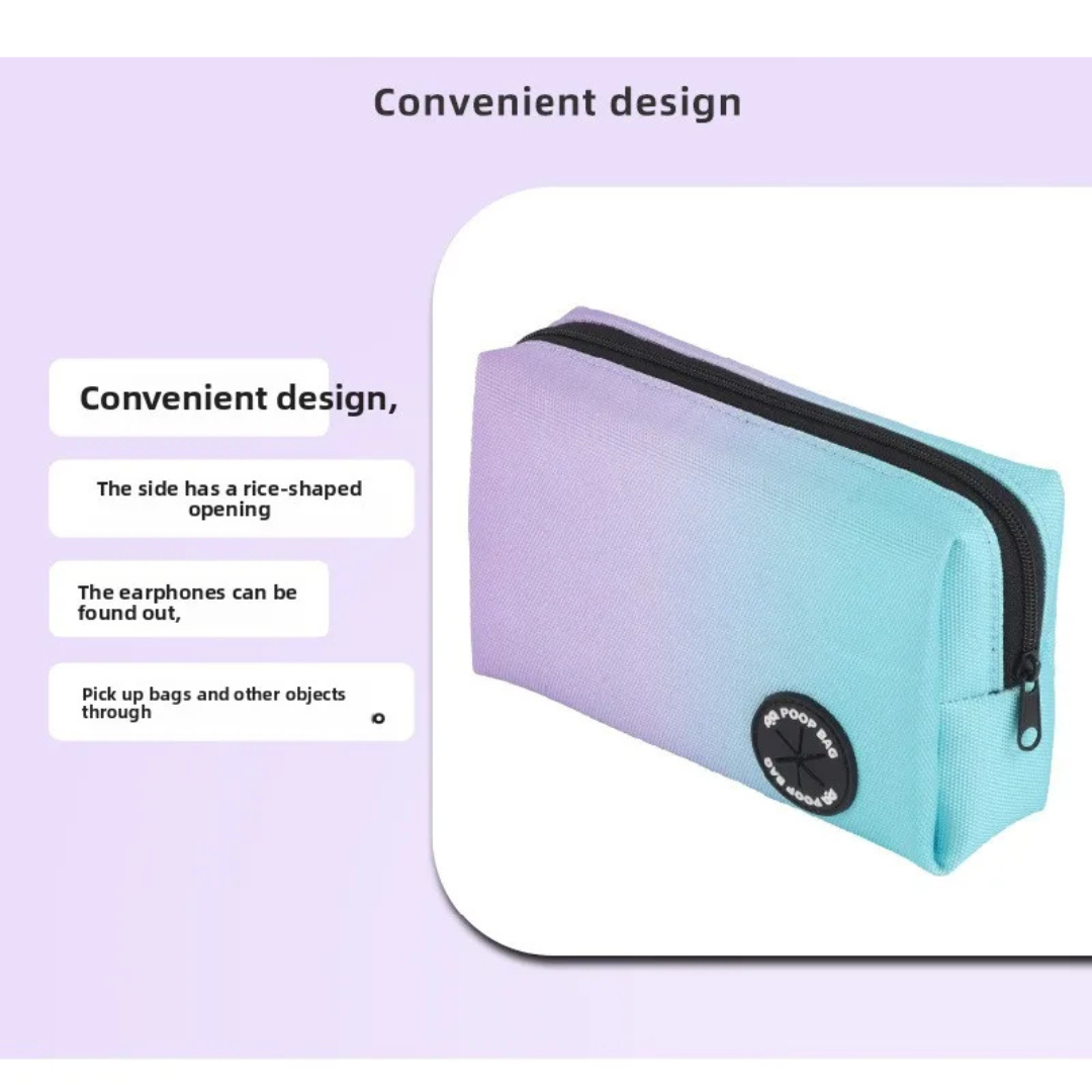 Reflective dog bungee leash storage bag with poop bag dispenser and zippered compartment for hands-free dog walking.