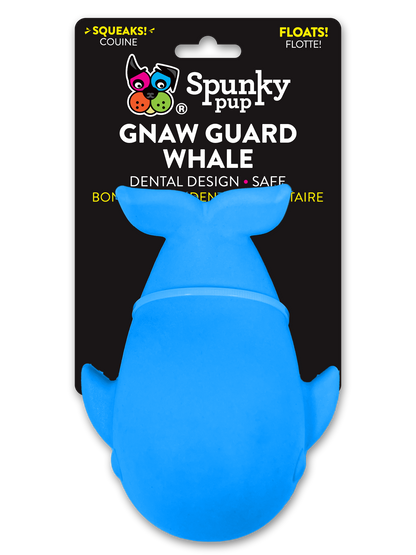 Gnaw Guard Squeakers Dog Toy - Whale shape, durable foam dental chew, floats, assorted colors.