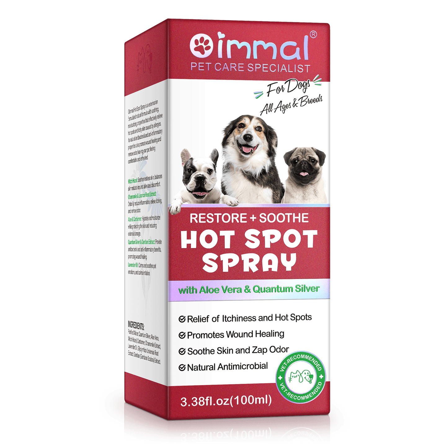 Oimmal Hot Spot Relief Spray for Dogs with Aloe Vera and Quantum Silver in red packaging showing three dog breeds and highlighting itch relief, healing, and antimicrobial care