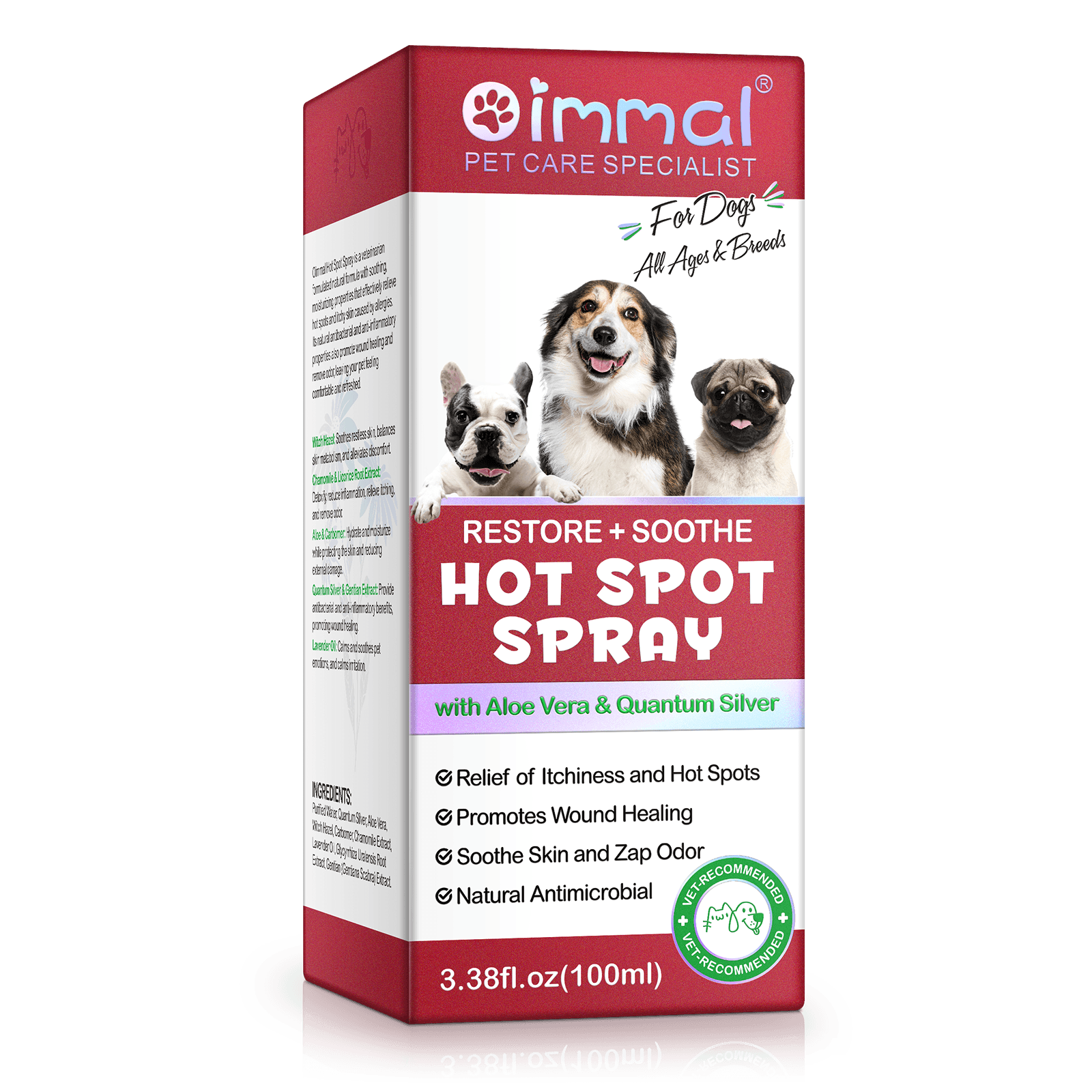 Oimmal Hot Spot Relief Spray for Dogs with Aloe Vera and Quantum Silver in red packaging showing three dog breeds and highlighting itch relief, healing, and antimicrobial care