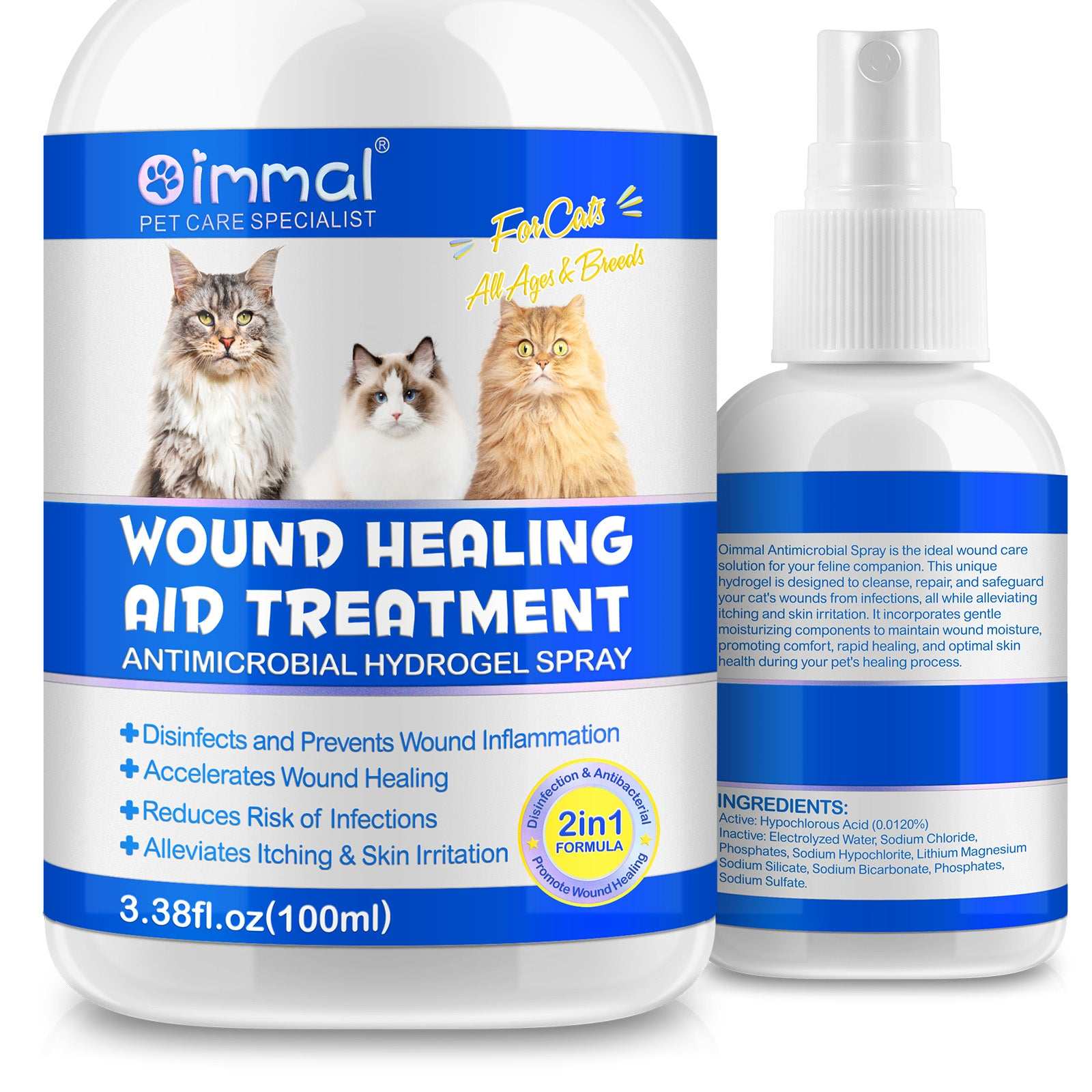 Oimmal cat wound healing aid antimicrobial hydrogel spray for minor wounds and skin irritation