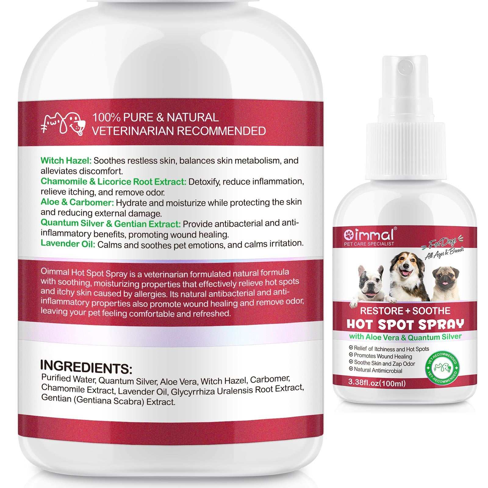 Oimmal Hot Spot Relief Spray for dogs with Aloe Vera and Quantum Silver for soothing itchiness, irritation, and hot spots.