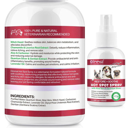 Oimmal Hot Spot Relief Spray for dogs with Aloe Vera and Quantum Silver for soothing itchiness, irritation, and hot spots.