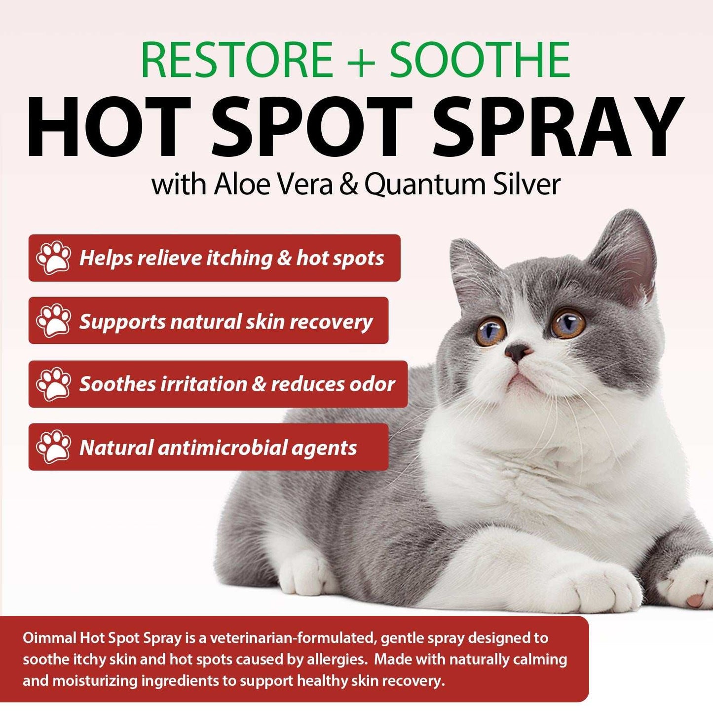 Oimmal Hot Spot Relief Spray for cats with Aloe Vera and Quantum Silver soothing itchy skin and hot spots