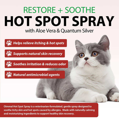 Oimmal Hot Spot Relief Spray for cats with Aloe Vera and Quantum Silver soothing itchy skin and hot spots