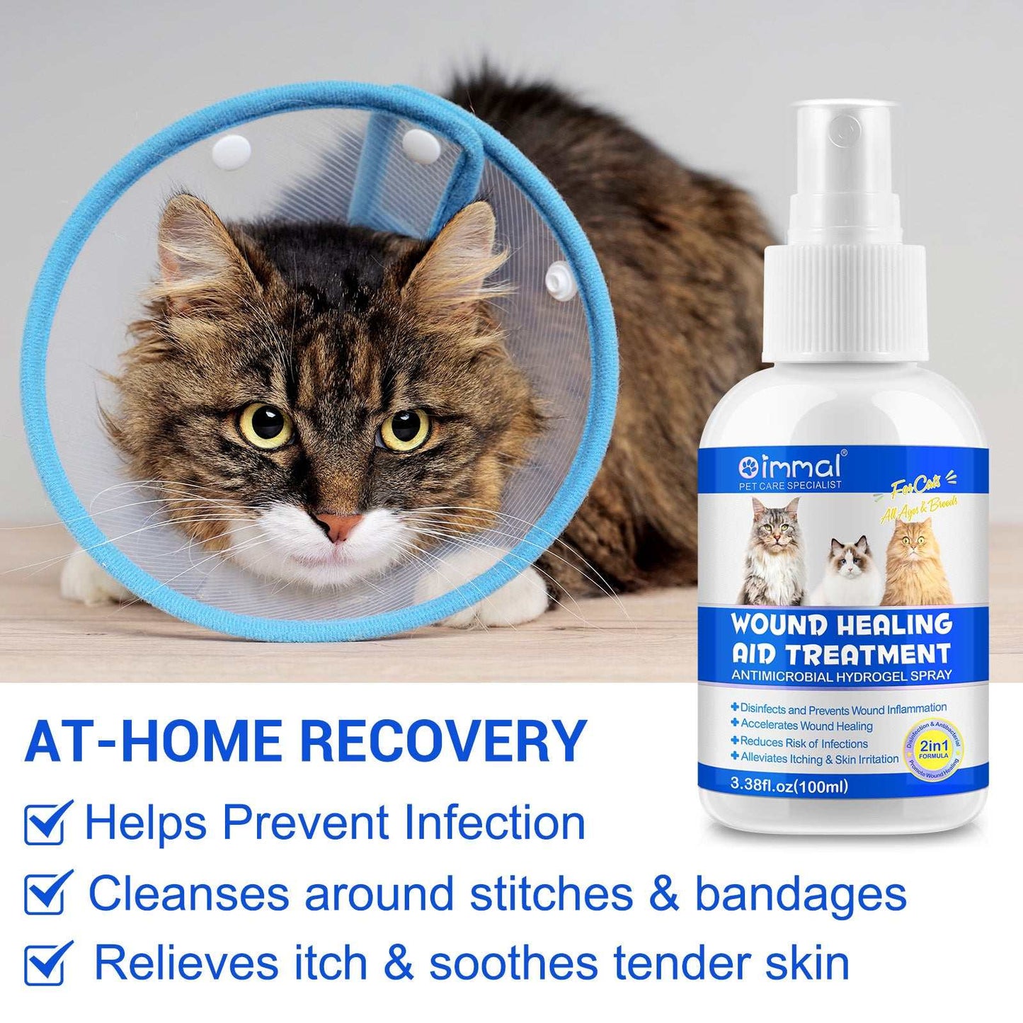 Oimmal Cat Wound Healing Aid antimicrobial hydrogel spray with no-touch application for soothing and healing cat wounds and irritated skin