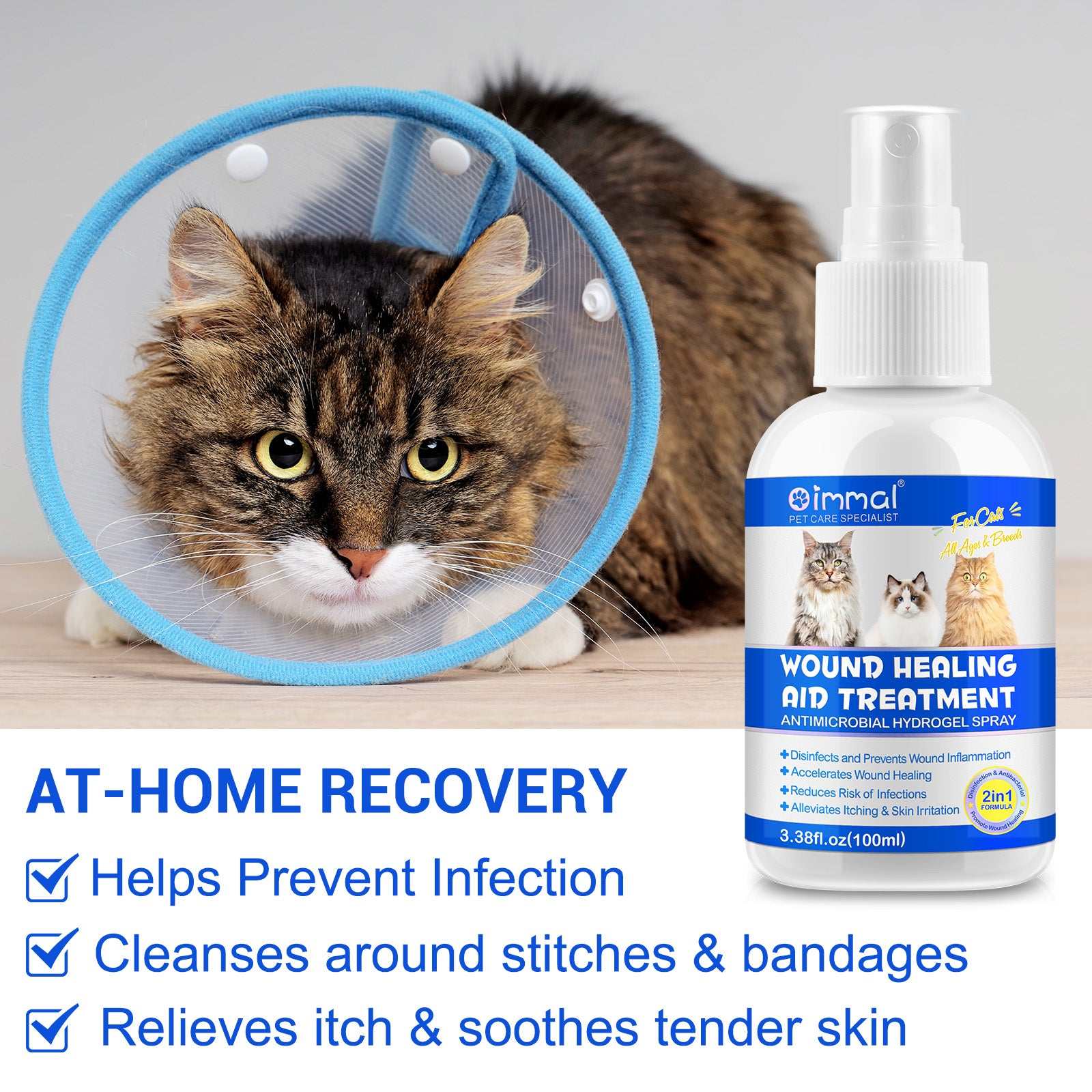Oimmal Cat Wound Healing Aid antimicrobial hydrogel spray with no-touch application for soothing and healing cat wounds and irritated skin
