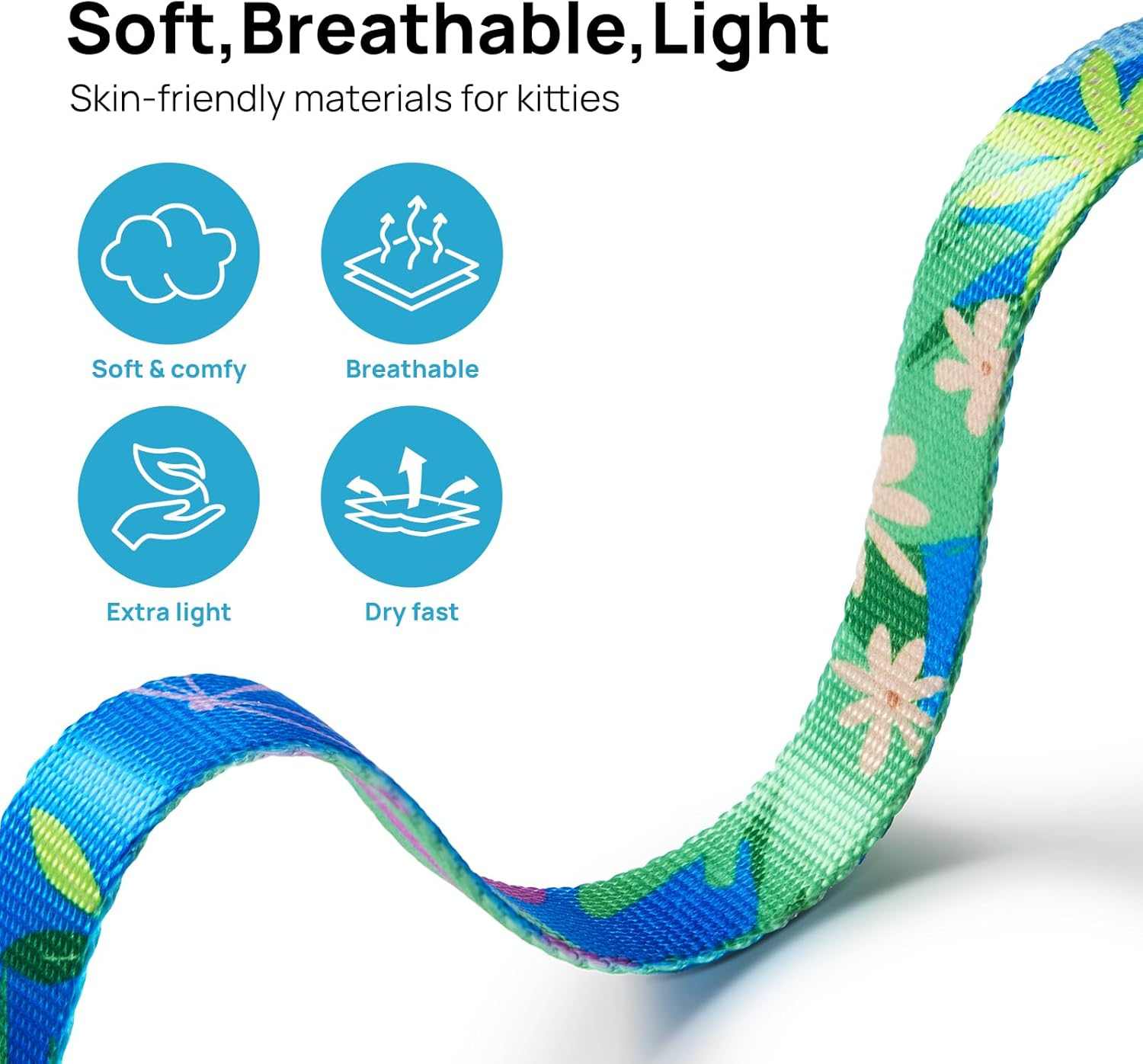 Colorful breathable and lightweight cat harness and leash set with floral pattern and comfort features