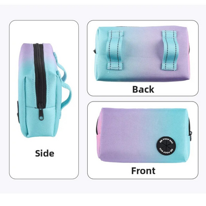 Compact reflective dog bungee leash bag and poop dispenser in gradient blue-purple color with zipper and belt loops