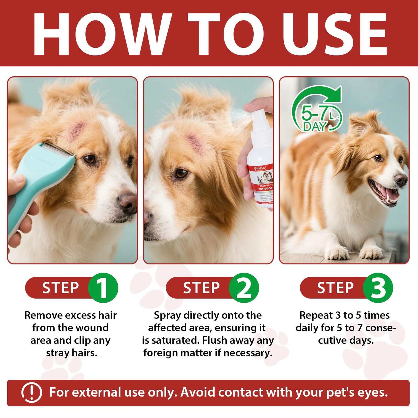 Oimmal Hot Spot Relief Spray for Dogs with Aloe Vera and Quantum Silver demonstrating usage on dog skin irritation areas