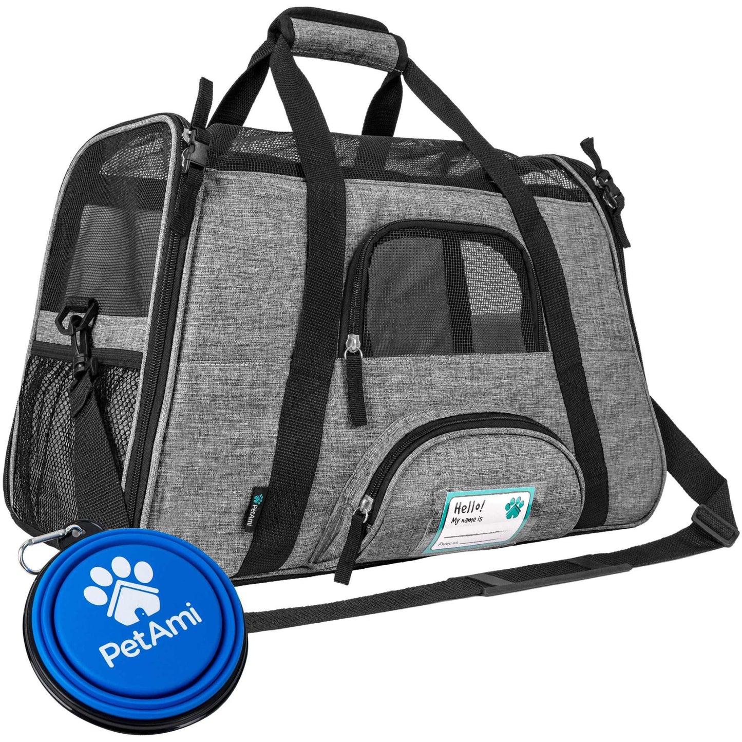 Heather Tote Bag Pet Carrier, airline approved, for small pets with mesh ventilation, Sherpa bed, and safety strap.