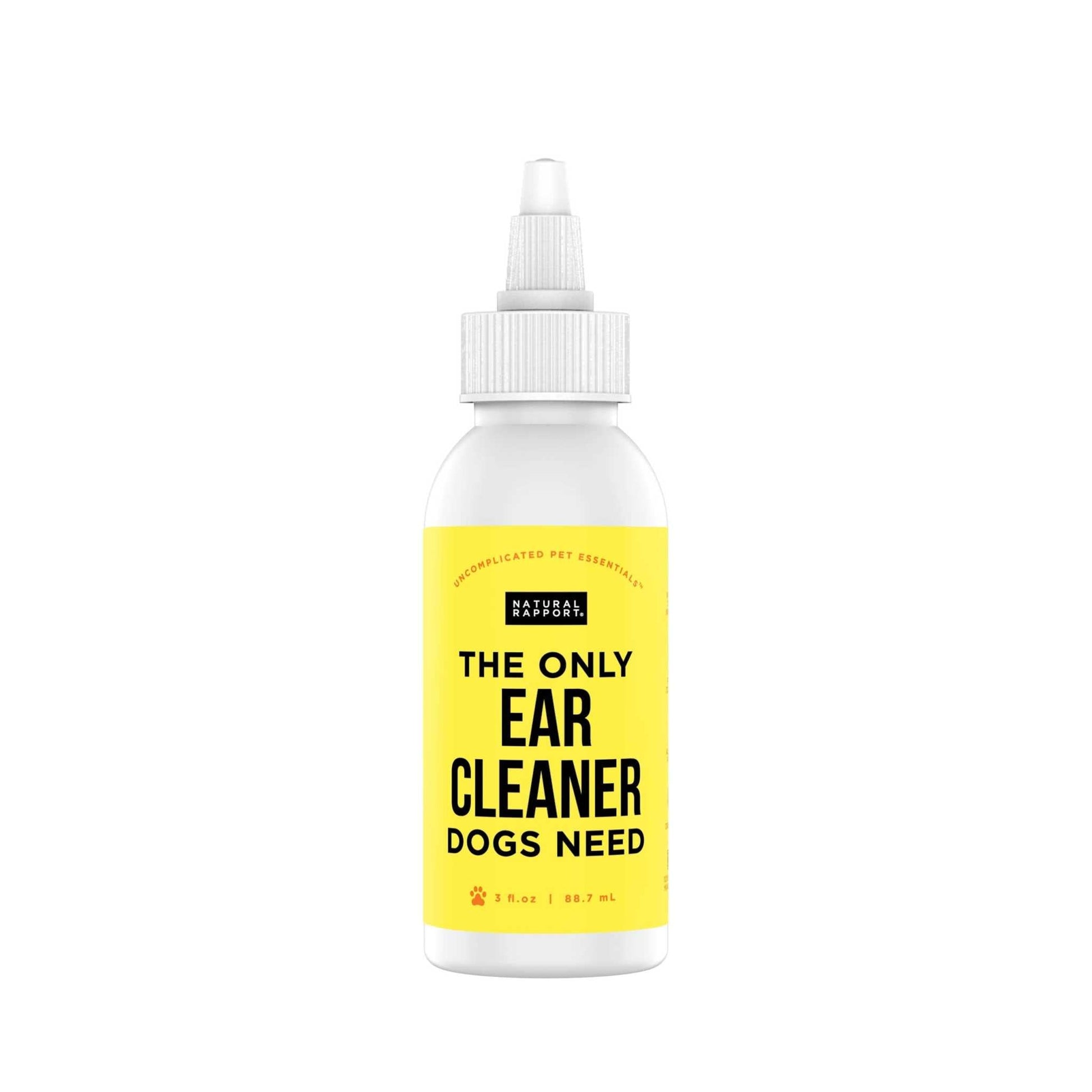 Natural Rapport Ear Cleaner Dogs solution bottle with yellow label for gentle and effective ear care