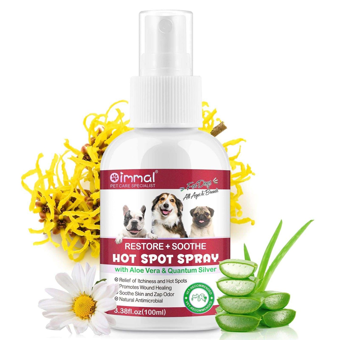 Oimmal Hot Spot Relief Spray for Dogs with Aloe Vera and Quantum Silver to soothe itching and hot spots