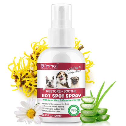 Oimmal Hot Spot Relief Spray for Dogs with Aloe Vera and Quantum Silver to soothe itching and hot spots