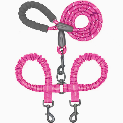 Dual Bungee Rope Leash with shock-absorbing bungee for two dogs and padded handles