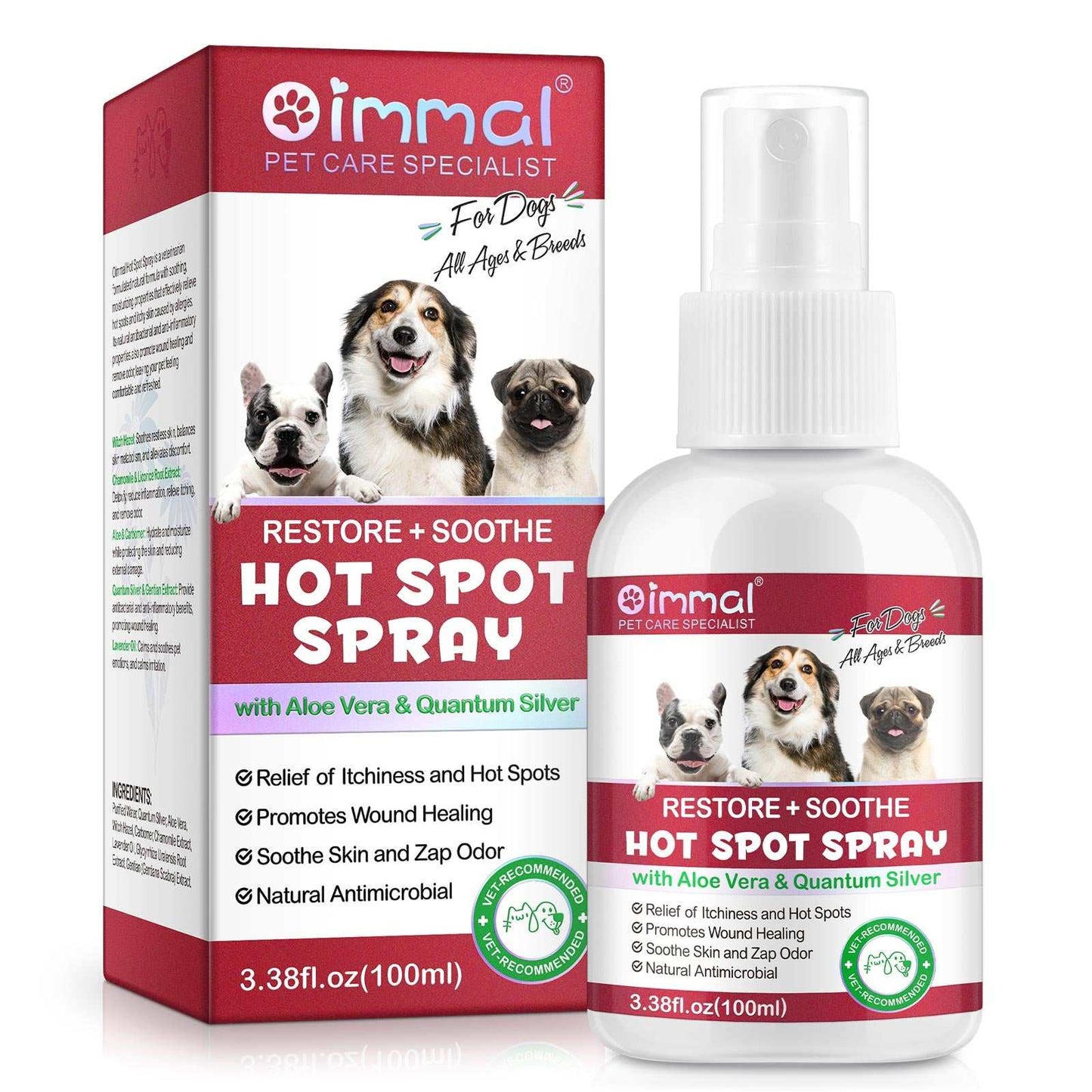 Oimmal Hot Spot Relief Spray for dogs with Aloe Vera and Quantum Silver for soothing itchy hot spots and promoting skin healing