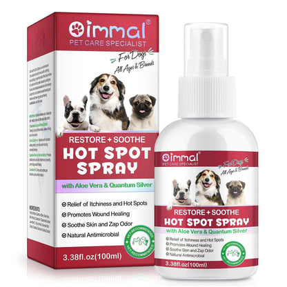 Oimmal Hot Spot Relief Spray for dogs with Aloe Vera and Quantum Silver for soothing itchy hot spots and promoting skin healing
