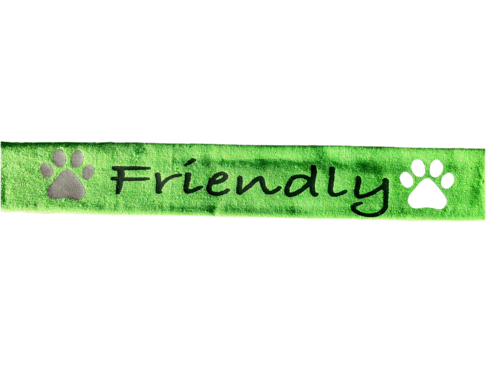Green reflective lead slip for dogs with "Friendly" text and paw prints, for communication and safety.