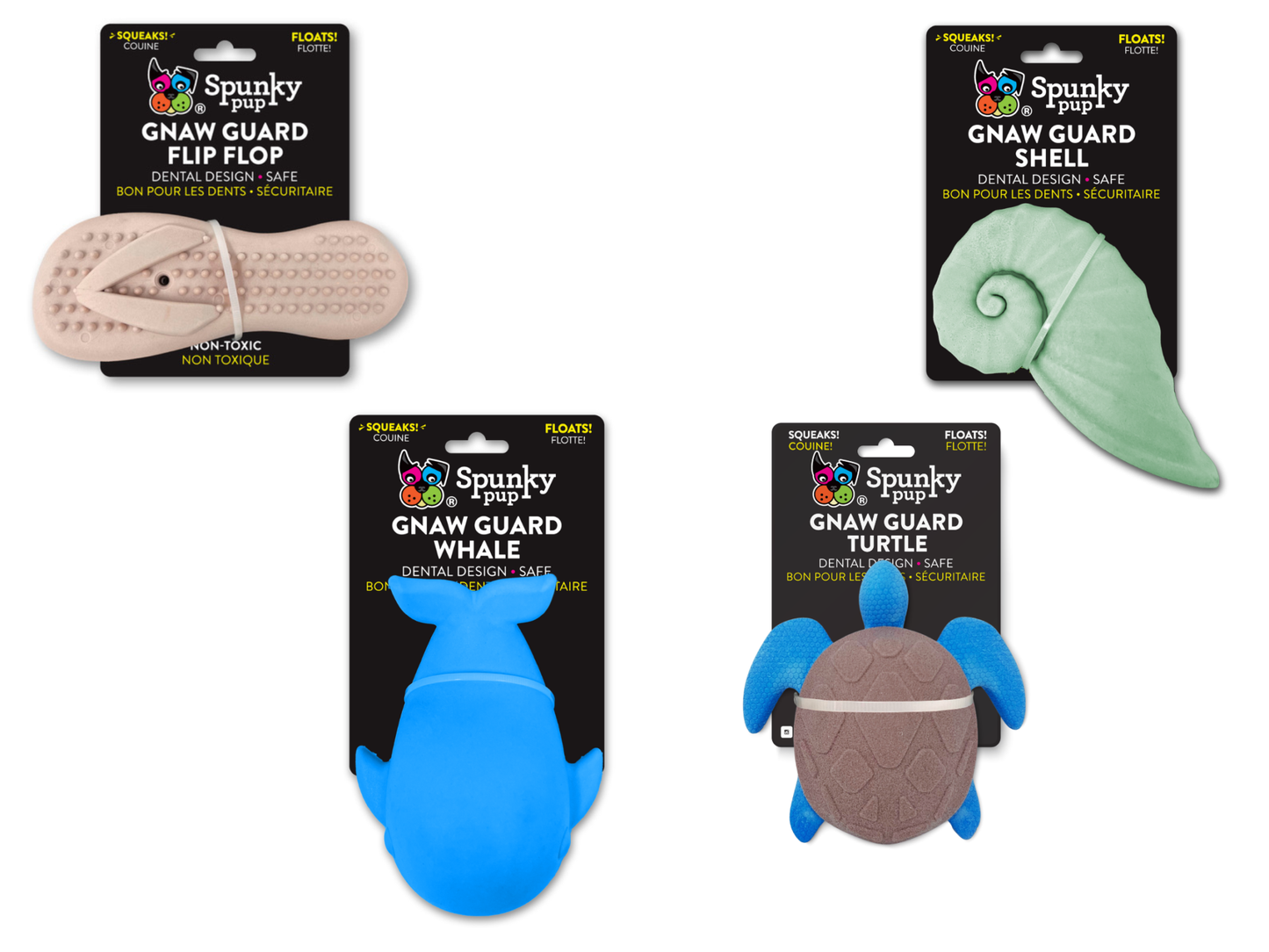 Gnaw Guard Squeakers Dog Toy assortment including whale, flip flop, shell, and turtle designs.