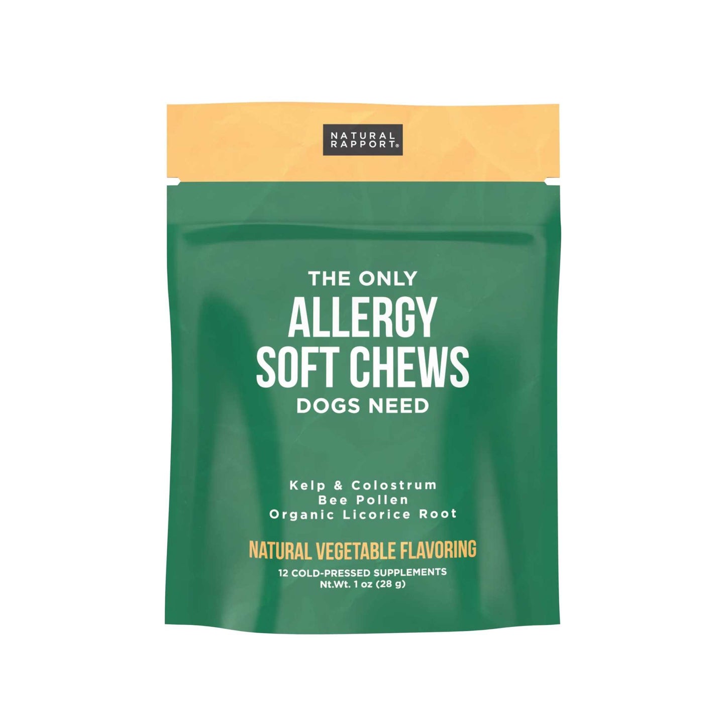 Allergy soft chews for dogs with natural ingredients, 12 cold-pressed supplements.