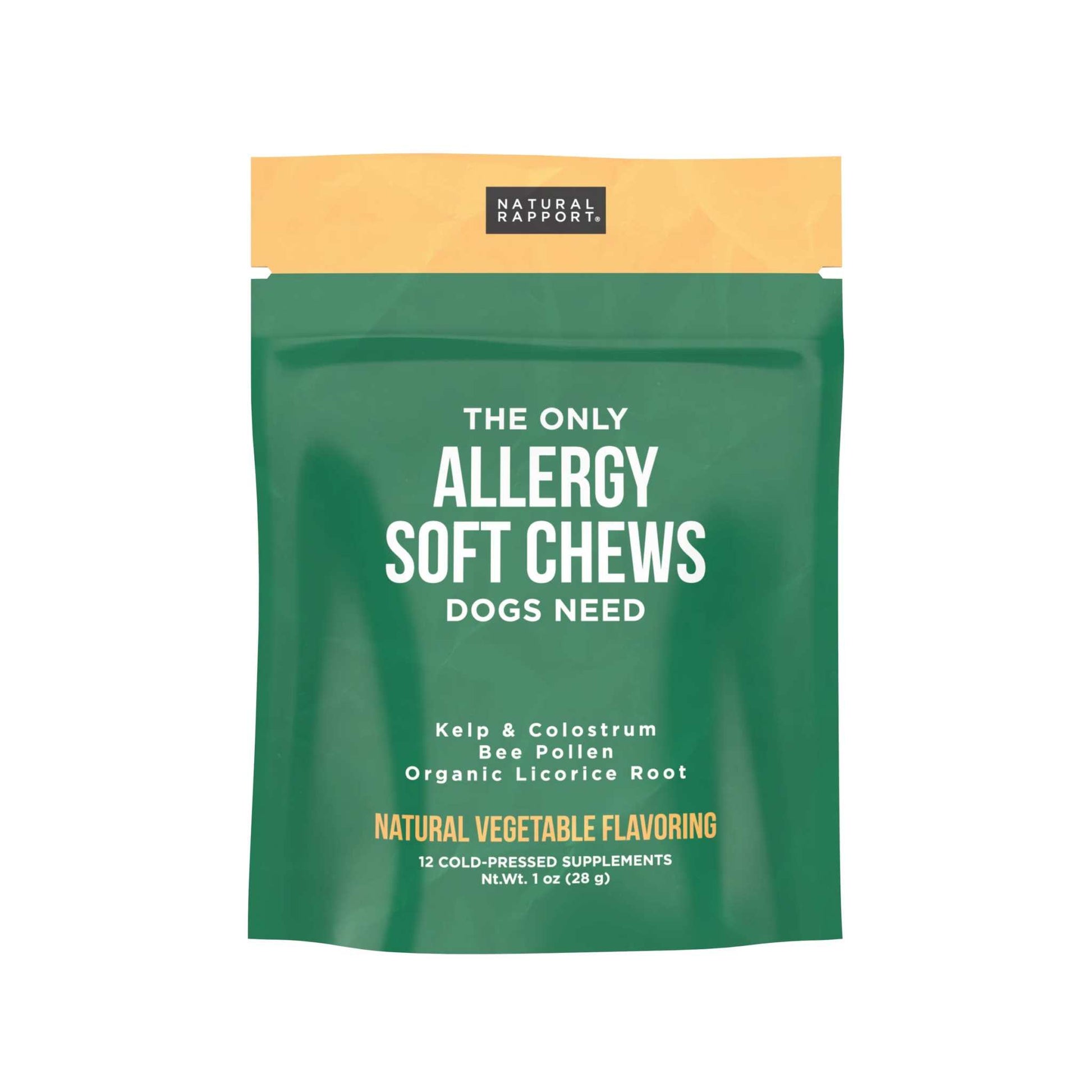 Natural Rapport Allergy Soft Chews Dogs with kelp, colostrum, bee pollen, organic licorice root, natural vegetable flavoring in green resealable pouch