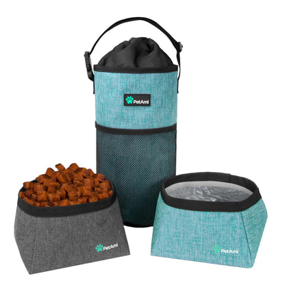 Pet travel bowl kit with food bag and bowls, water and leak-proof, foldable design.