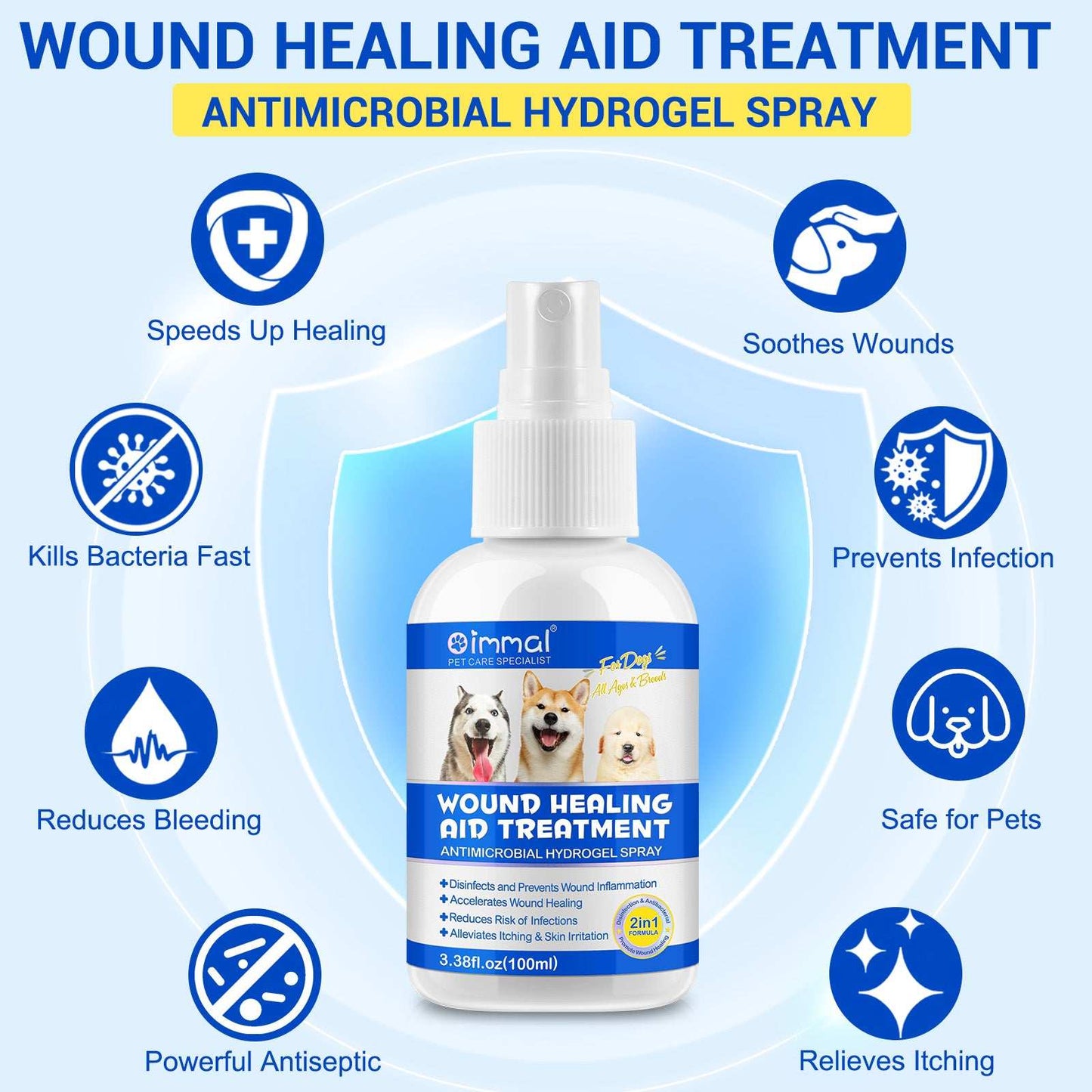 Oimmal Dog Wound Healing Aid Antimicrobial Hydrogel Spray for fast healing, infection prevention, and soothing relief