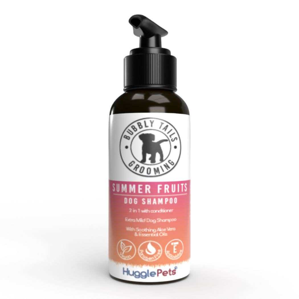 HugglePets Bubbly Tails Summer Fruits 2-in-1 dog shampoo and conditioner with aloe vera and essential oils in a 500ml pump bottle