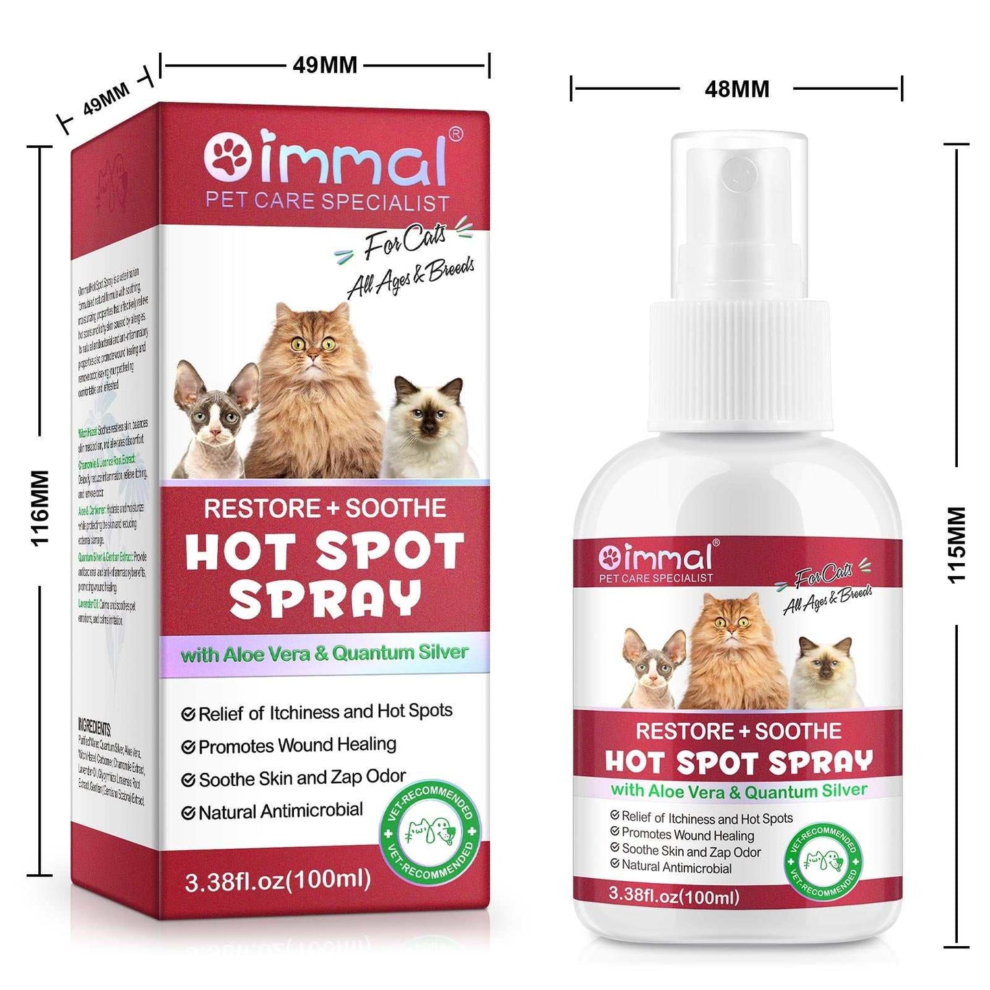 Oimmal Hot Spot Relief Spray for cats with Aloe Vera and Quantum Silver for itch relief and skin healing