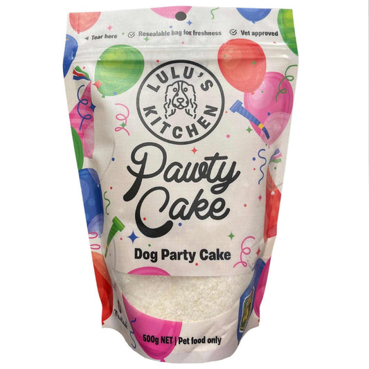 Pawty Cake dog party cake mix by Lulu's Kitchen in colorful packaging.