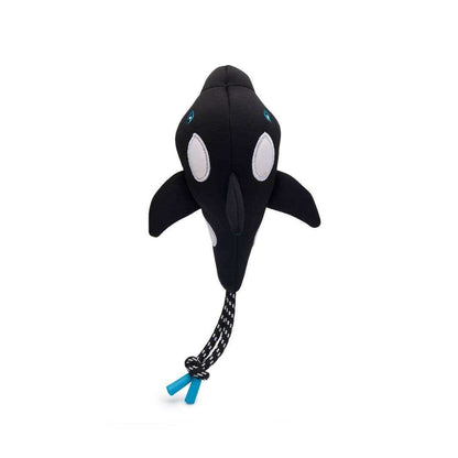 Inflatable whale floatie in black with handles, designed for pool and beach fun.