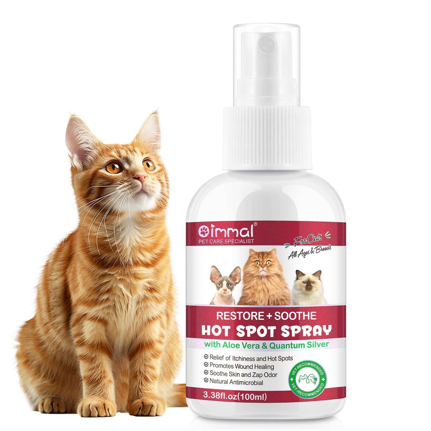 Oimmal Hot Spot Relief Spray for Cats with Aloe Vera and Quantum Silver for soothing itchy skin and hot spots