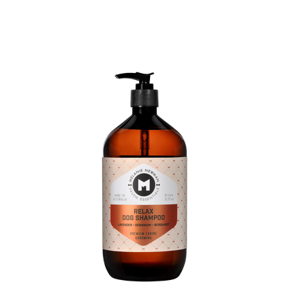 Melanie Newman Relax Dog Shampoo bottle with natural ingredients for sensitive skin and calming essential oils.