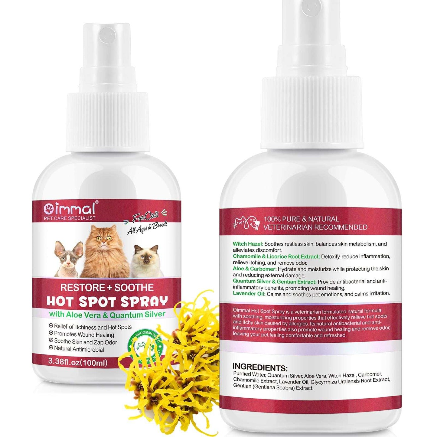 Oimmal Hot Spot Relief Spray for cats with Aloe Vera and Quantum Silver for soothing itchy and irritated skin.
