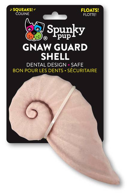 Gnaw Guard Squeakers Dog Toy Shell in Pink, dental chew toy floats in water.