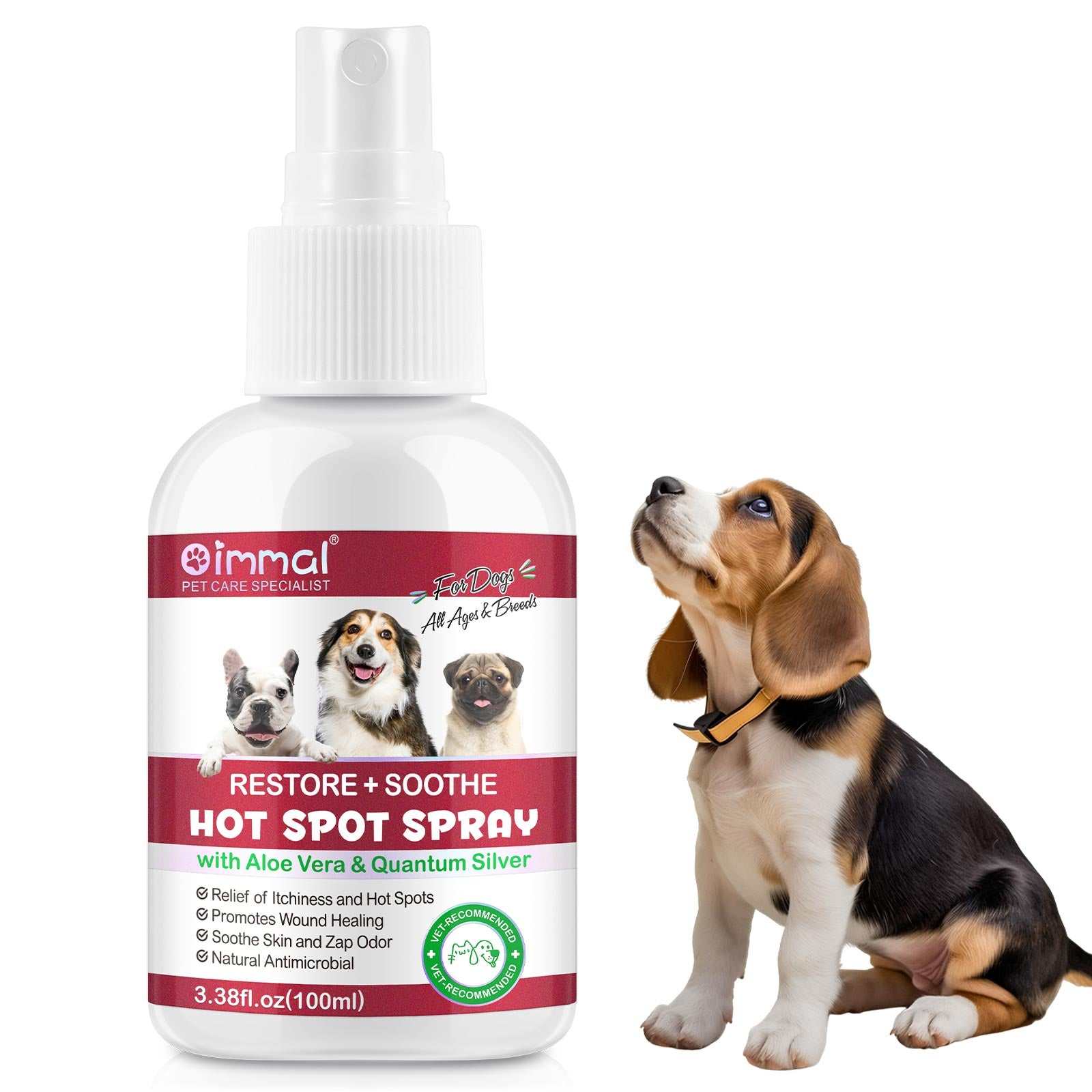 Oimmal Hot Spot Relief Spray for Dogs with Aloe Vera and Quantum Silver next to a sitting beagle puppy