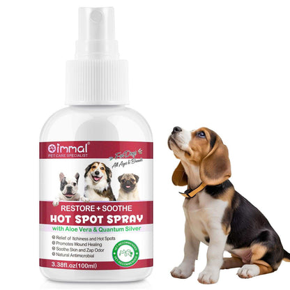 Oimmal Hot Spot Relief Spray for Dogs with Aloe Vera and Quantum Silver next to a sitting beagle puppy