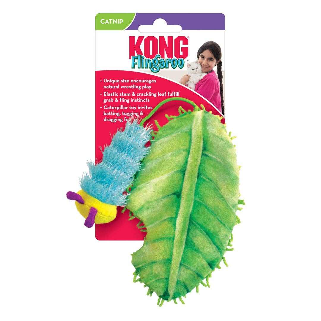 KONG Flingaroo CATerpillar Catnip Toy with elastic stem and crackling leaf for cats.