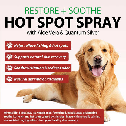 Oimmal Hot Spot Relief Spray for dogs with Aloe Vera and Quantum Silver soothes itching, hot spots, and skin irritation.