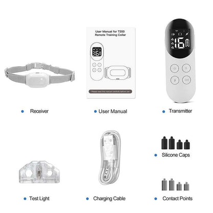 T200 Remote Waterproof Training Anti Bark Collar kit with receiver, transmitter, user manual, charging cable, test light, silicone caps, and contact points
