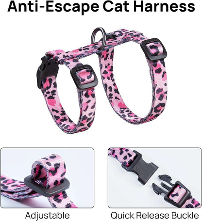 Pink leopard print adjustable cat harness with quick release buckle and anti-escape design.