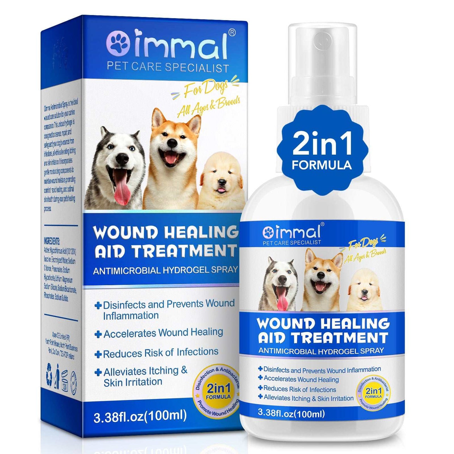 Oimmal dog wound healing aid 2-in-1 antimicrobial hydrogel spray for fast, gentle dog wound care