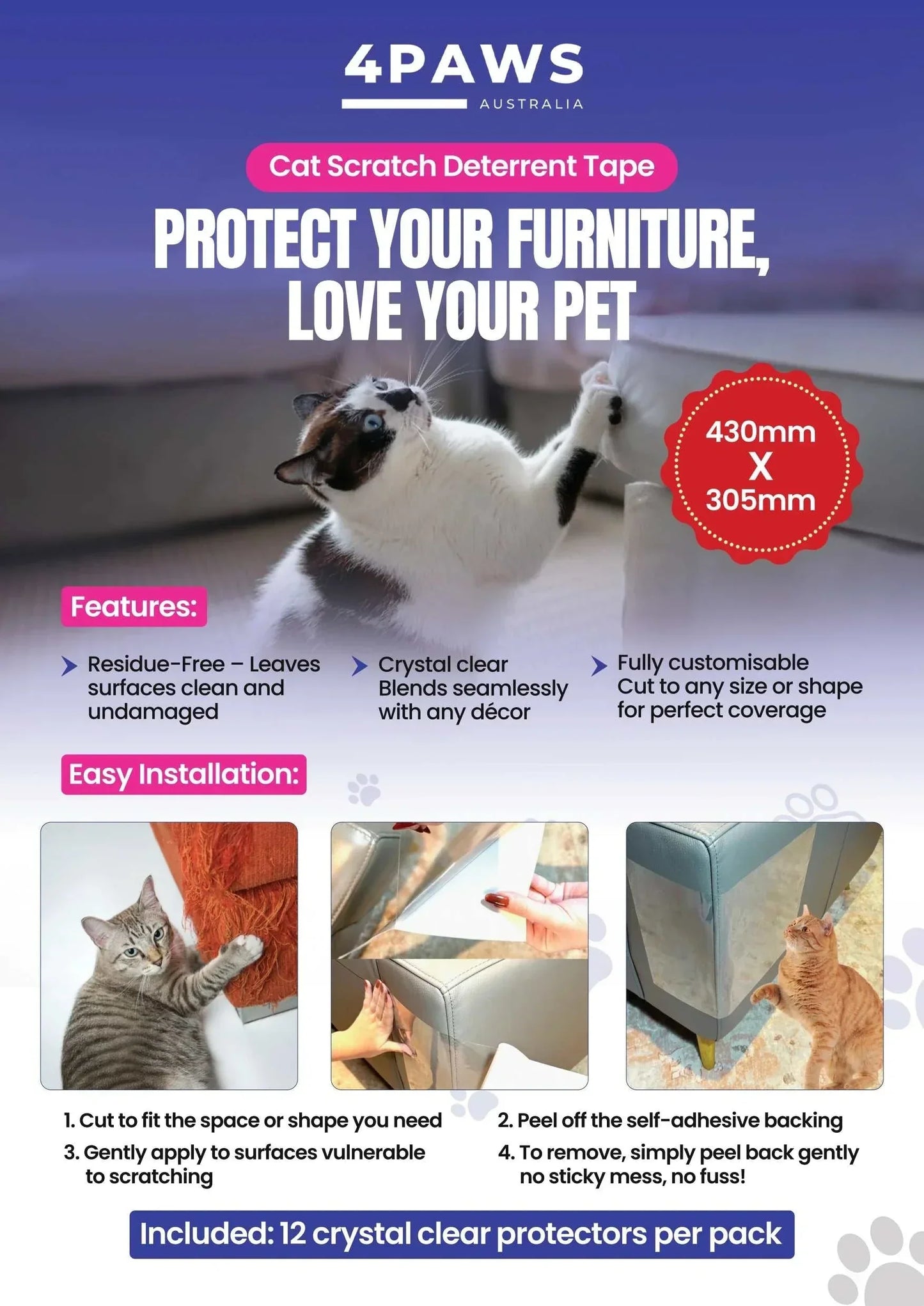 Cat V’s Couch Defender Duo Bundle with transparent cat scratch deterrent tape and reusable pet hair removal glove protecting furniture from cat scratches and fur