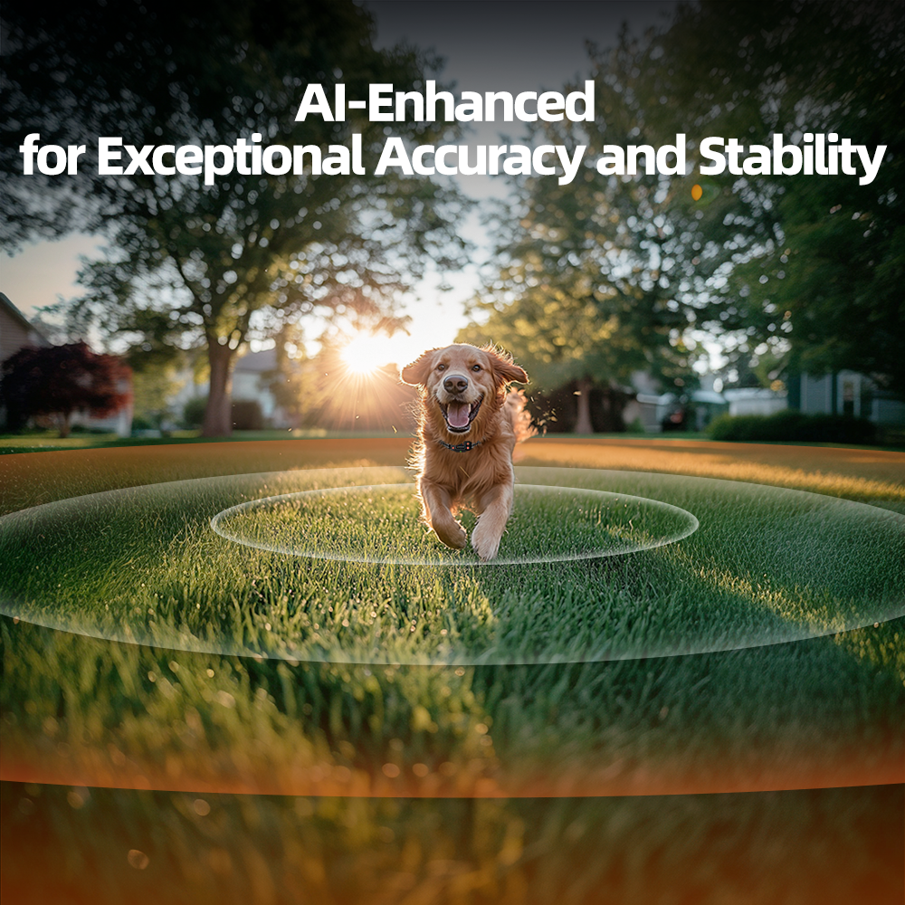 Golden retriever running within a circular AI-enhanced F830 GPS wireless dog fence boundary on grass at sunset