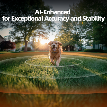 Golden retriever running within a circular AI-enhanced F830 GPS wireless dog fence boundary on grass at sunset