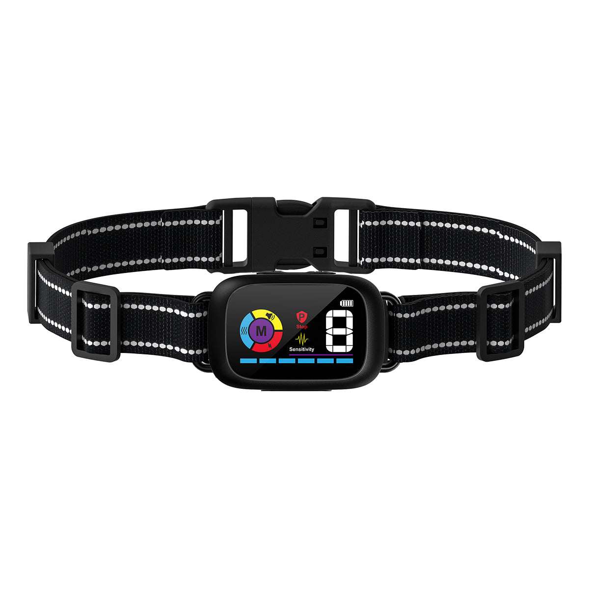 Black smart automatic anti-bark dog collar with digital display and adjustable nylon strap